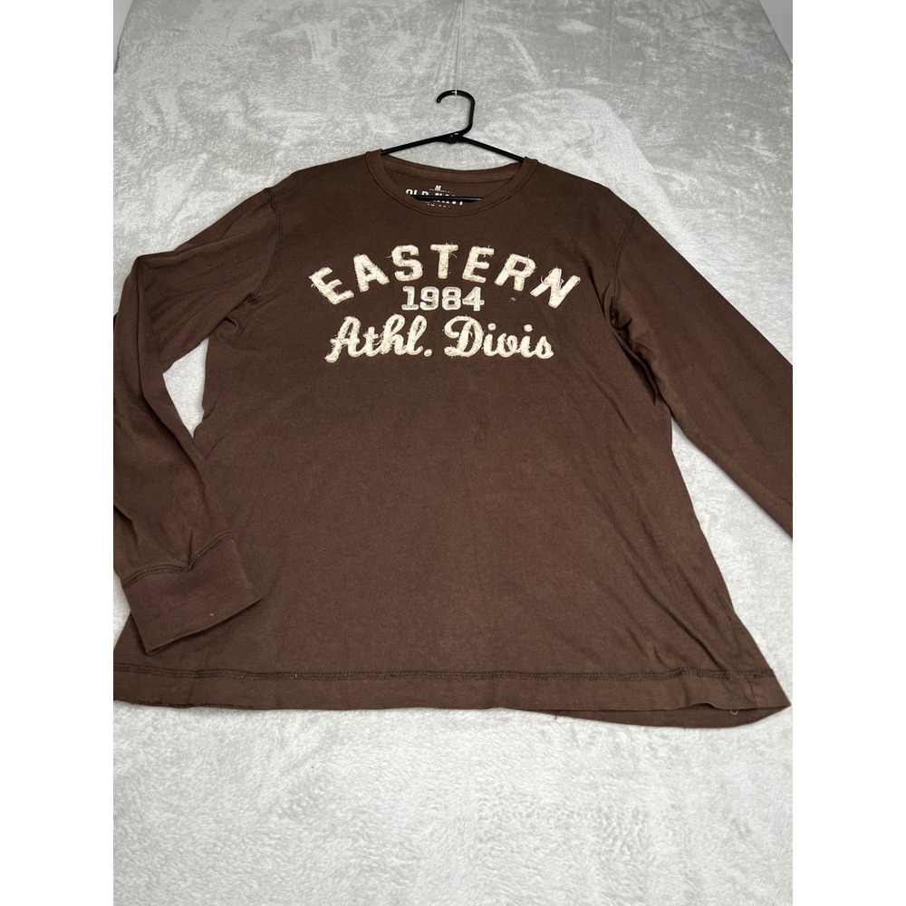 Old Navy Mens Long Sleeve T Shirt Athletic Division Brown Size M Y2K Embroidered